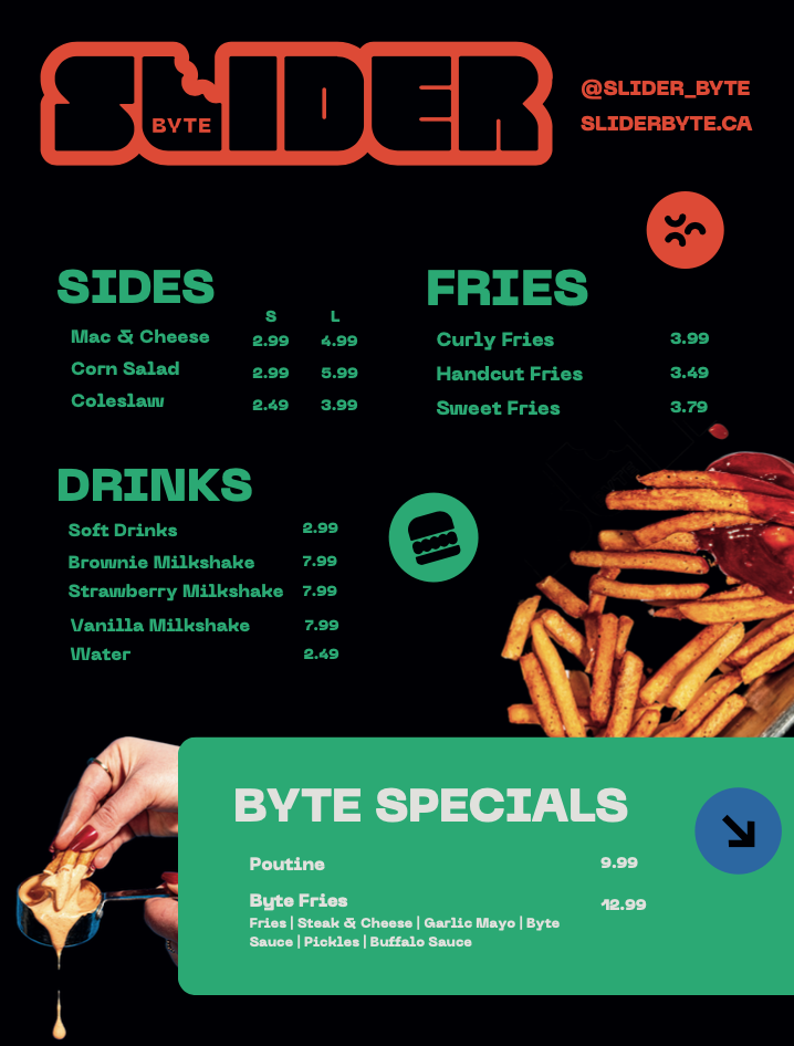 Slider Byte Menu - Sides, Fries, Drinks, Specials